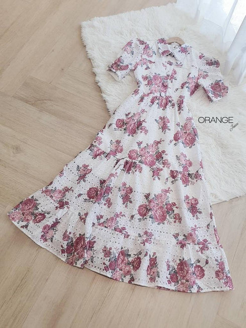 Orange Collar Floral Print Half Sleeves Mid-Length Dresses